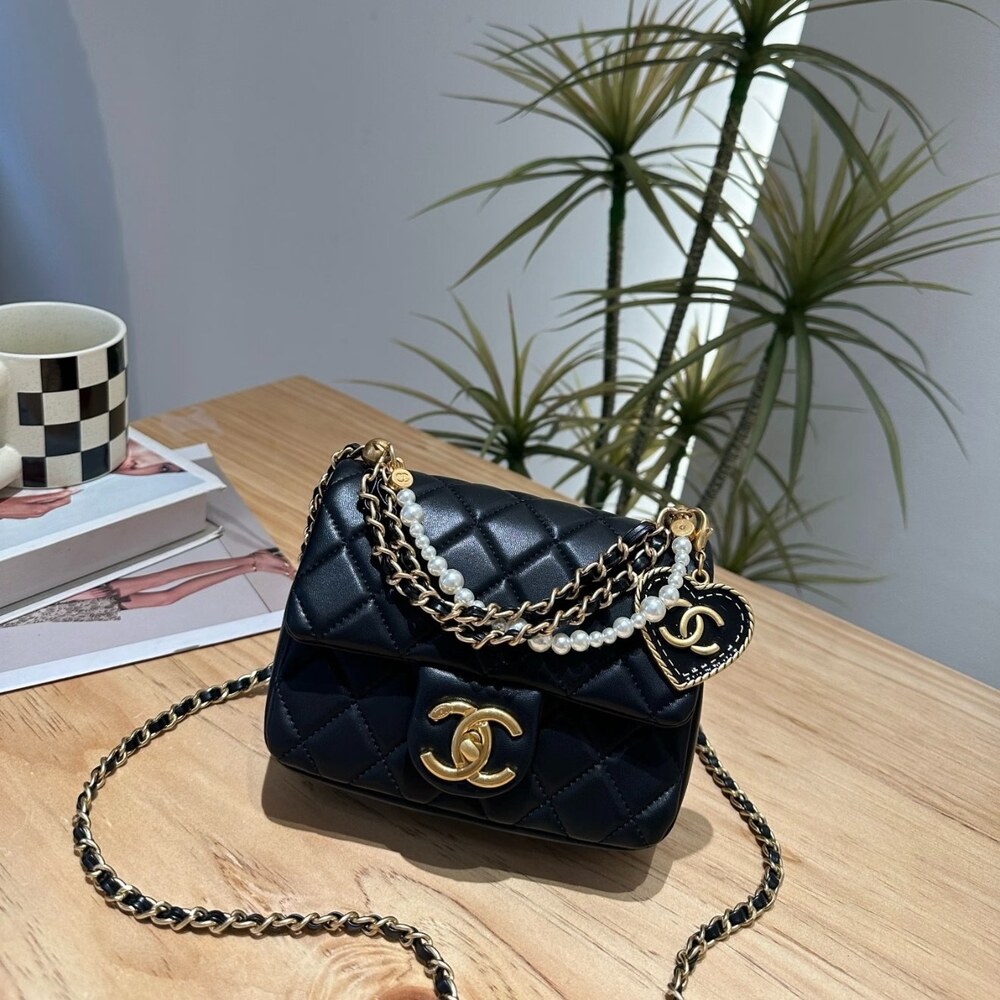 CHANEL MINI SQUARE FLAP BAG WITH PEARL CHAIN
